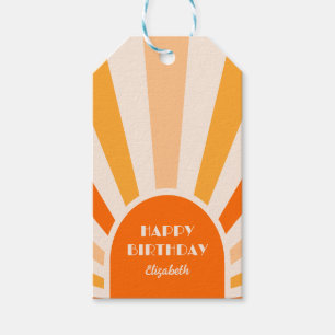 Étiquettes-cadeau Retro Sunburst Arch Typographie Anniversaire Pêche
