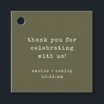 Étiquettes Cadeau Retro Typewriter Olive Custom Wedding Thank You<br><div class="desc">These favor tags feature clean typewriter-style typography on an earthy olive green background for a warm, modern wedding detail. Designed to thank guests in a simple, heartfelt way while complementing neutral, minimalist, and timeless wedding aesthetics. The personalized layout allows you to add names and a date, making each favor feel...</div>