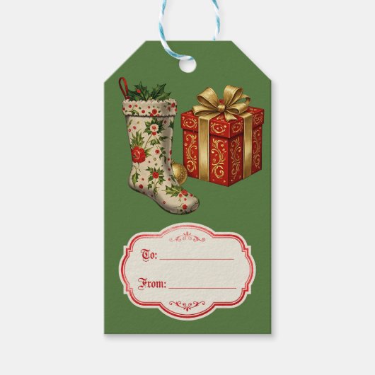 Étiquettes-cadeau Retro Vintage Christmas Stockings Green (Devant)