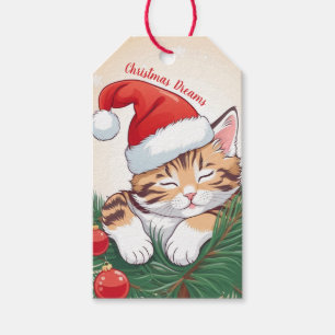 Étiquettes-cadeau Rêves de Noël - Chaton couché à Santa Hat