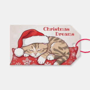 Étiquettes-cadeau Rêves de Noël - Petit Chat Endormi avec Chapeau de