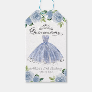 Étiquettes-cadeau Robe argentée bleue Fête florale de Quinceanera