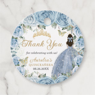 Étiquettes Cadeau Robe de princesse papillons or floraux bleu bébé