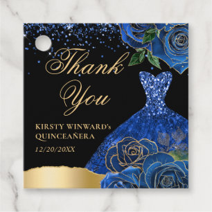 Étiquettes Cadeau Robe Parties scintillant bleue et or Glam Roses Qu