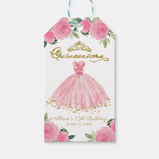 Étiquettes-cadeau Robe rose chaude Quinceanera (Devant)