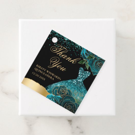 Étiquettes Cadeau Robe turquoise et or Parties scintillant Glam Rose (En situation)