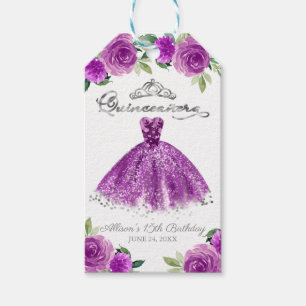 Étiquettes-cadeau Robe violette argentée Fête florale de Quinceanera
