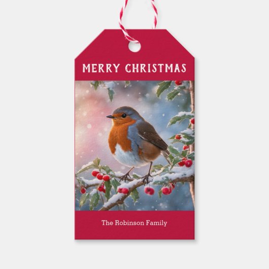 Étiquettes-cadeau Robin traditionnel Cute Aquarelle Joyeux Noël (Devant)