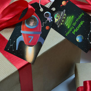 Étiquettes-cadeau Rocket Anniversaire avec photo Alien UFO astrona