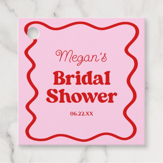 Étiquettes Cadeau Rose Bordure Ondulée Rouge Mariage (Devant)