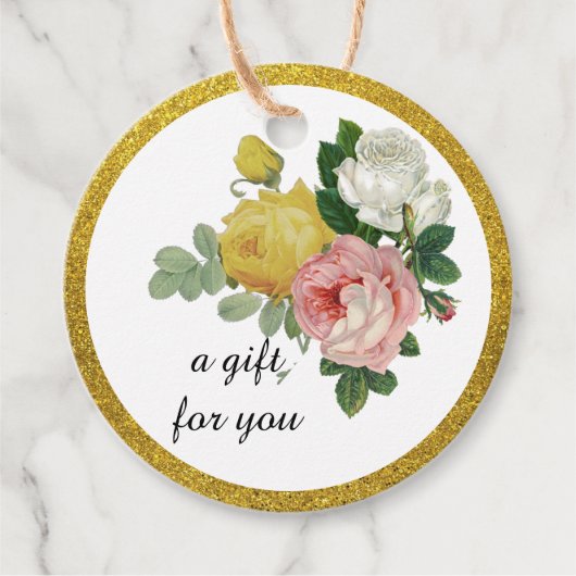 Étiquettes Cadeau Rose Élégante Fleur Or Paillettes (Devant)