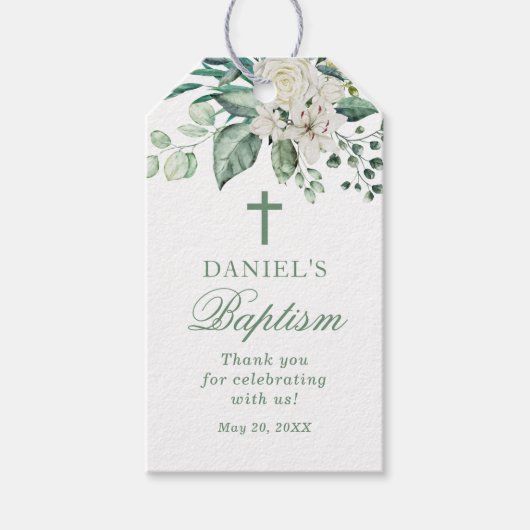 Étiquettes-cadeau Rose Fleurs Baptême Merci (Devant)