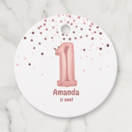 Étiquettes Cadeau Rose Gold Balloon Confetti 1er anniversaire fête (Devant)