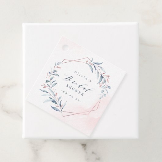 Étiquettes Cadeau Rose Gold Dusty Blue Greenery Fête des mariées (En situation)