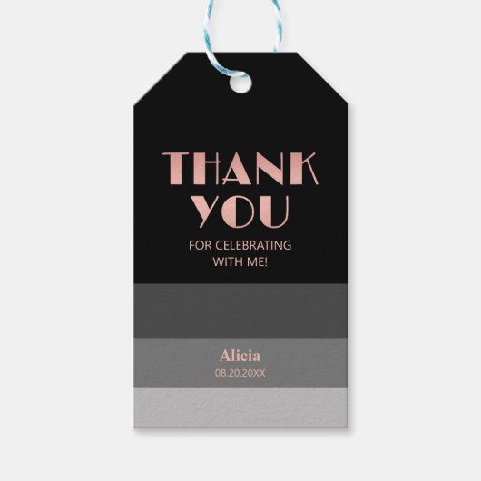 Étiquettes-cadeau Rose Gold Script Black Gris Gris Gris Merci (Devant)