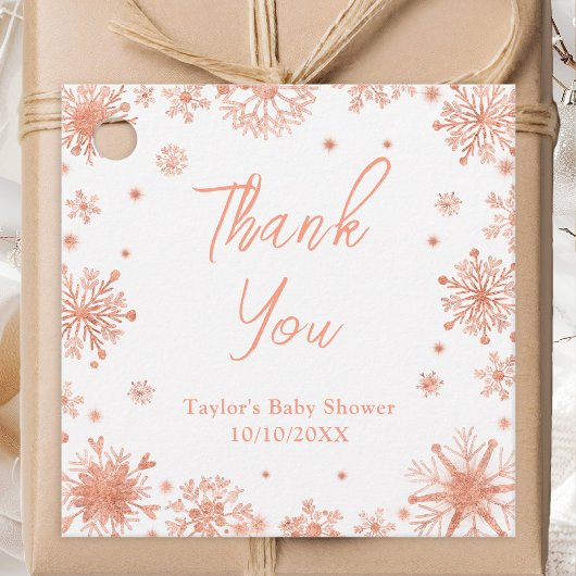 Étiquettes Cadeau Rose Gold Snowflakes Baby shower Merci