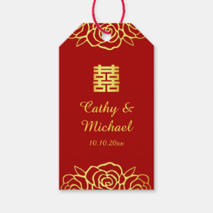 Étiquettes-cadeau Rose mariage chinois découpé en carton rouge et or
