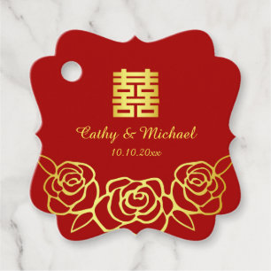 Étiquettes Cadeau Rose mariage chinois découpé en carton rouge et or