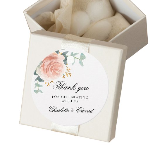 Étiquettes Cadeau rose mariage or vert fleuri merci