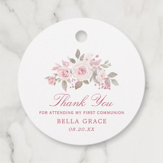 Étiquettes Cadeau Rose rose Peony Premier Merci de communion (Dos)