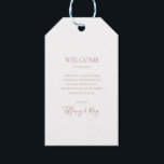 Étiquettes-cadeau Rose simple élégant Mariage or Bienvenue<br><div class="desc">Cette étiquette cadeau de bienvenue simple et élégante mariage d'or rose est parfaite pour votre mariage d'or rose minimaliste classique. Le design est composé d'une vintage classique minimaliste, d'une police d'or blush contemporaine et d'une calligraphie formelle romantique délicate. Il est parfait pour les mariages de luxe du printemps, de l'été,...</div>