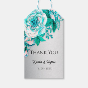Étiquettes-cadeau Roses Aqua et Merci argenté élégant