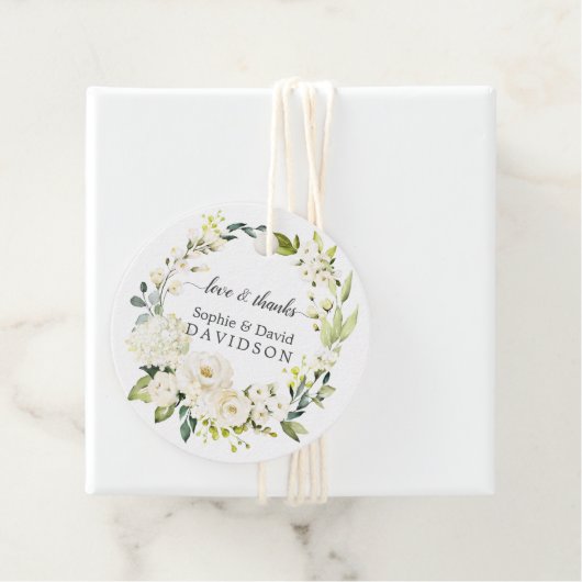 Étiquettes Cadeau Roses blanches délicates Hydrangea Mariage or (En situation)