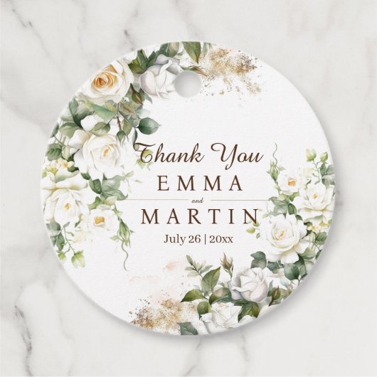 Étiquettes Cadeau Roses blanches Fleurs de mariage Merci (Devant)
