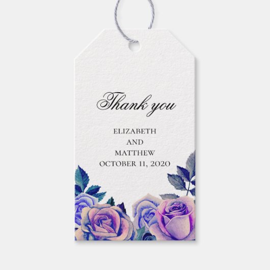 Étiquettes-cadeau Roses bleus et violets merci. Balise cadeau mariag (Devant)