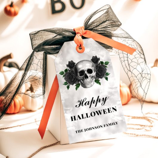 Étiquettes-cadeau Roses noirs gothiques et crâne heureux Halloween