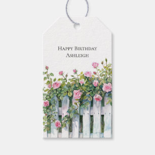 Étiquettes-cadeau Roses roses blancs clôture d'anniversaire