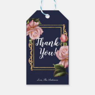 Étiquettes-cadeau Roses roses bleus marine et or Élégant Moderne Cad