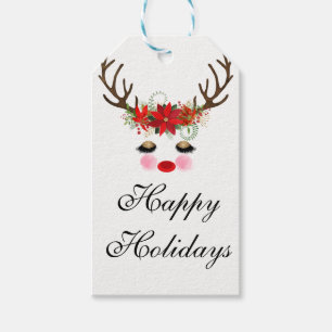 Étiquettes-cadeau Rosy Cheeks Gold Eyes Floral Reindeer Holiday