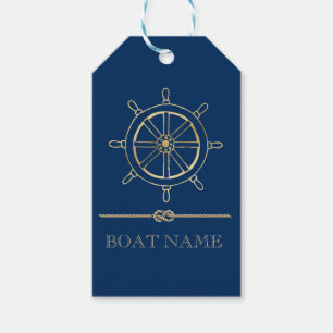 Étiquettes-cadeau Roue de bateau en or nautique, bleu marine