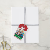 Étiquettes-cadeau Rouge avec Bannière verte et photo, Noël (Avec de la ficelle)