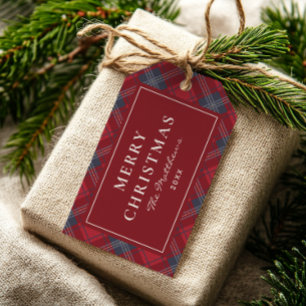 Étiquettes-cadeau Rouge Classique et Tartan de Noël Traditionnel Mar