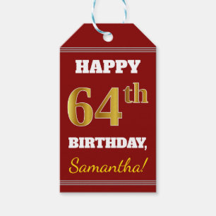 Étiquettes-cadeau Rouge, Faux Gold 64e anniversaire + Nom personnali