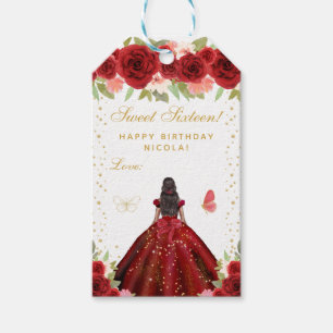 Étiquettes-cadeau Rouge Floral Peau Sombre Princesse Douze Ans