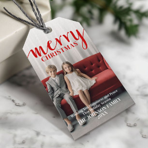 Étiquettes-cadeau Rouge Merry Calligraphie - vertical Photo blanc ty