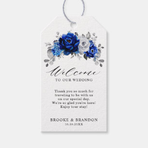 Étiquettes-cadeau Royal Bleu Blanc Argent Métallal Floral Bienvenue