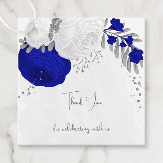 Étiquettes Cadeau royal bleu & blanc fleurs argent mariage (Devant)