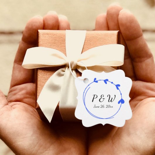 Étiquettes Cadeau Royal Blue Simple Heart Wreath Monogram Mariage
