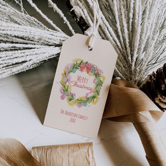 Étiquettes-cadeau Rtro Coloré Quirky Merry Noël Bow Wreath