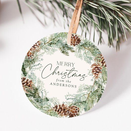 Étiquettes Cadeau Russe Aquarelle Pine Cône Wreath Joyeux Noël