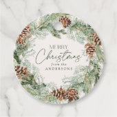 Étiquettes Cadeau Russe Aquarelle Pine Cône Wreath Joyeux Noël (Devant)