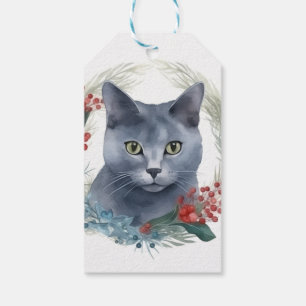 Étiquettes-cadeau Russe Blue Chat Noël Wreath Festive Kitten