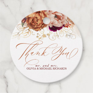 Étiquettes Cadeau Rust Terracotta Bourgogne Fleurs rouges Merci