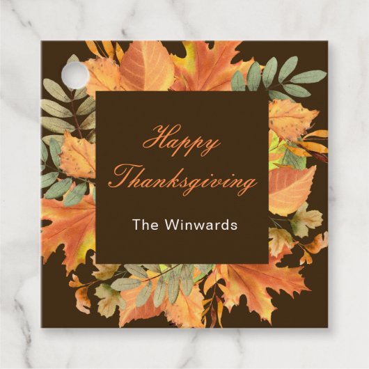 Étiquettes Cadeau Rustic Autumn Fall Leaves Square Thanksgiving (Devant)