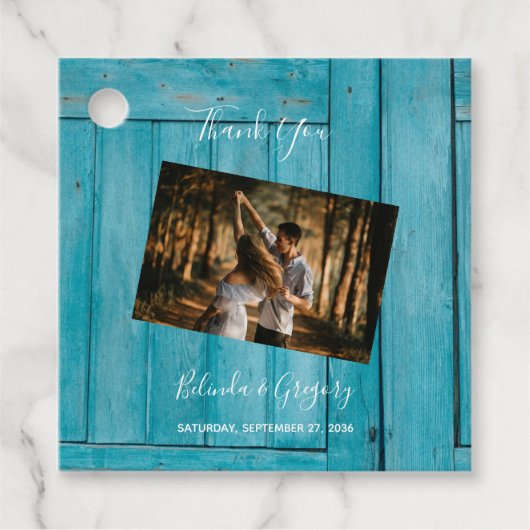 Étiquettes Cadeau Rustic Blue Wood Photo Mariage Cadeau (Devant)