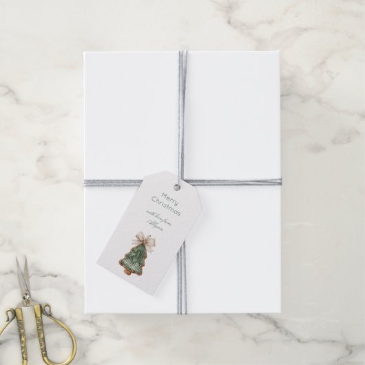 Étiquettes-cadeau Rustic Brown Cream Green Christmas Tree Bow (Avec de la ficelle)